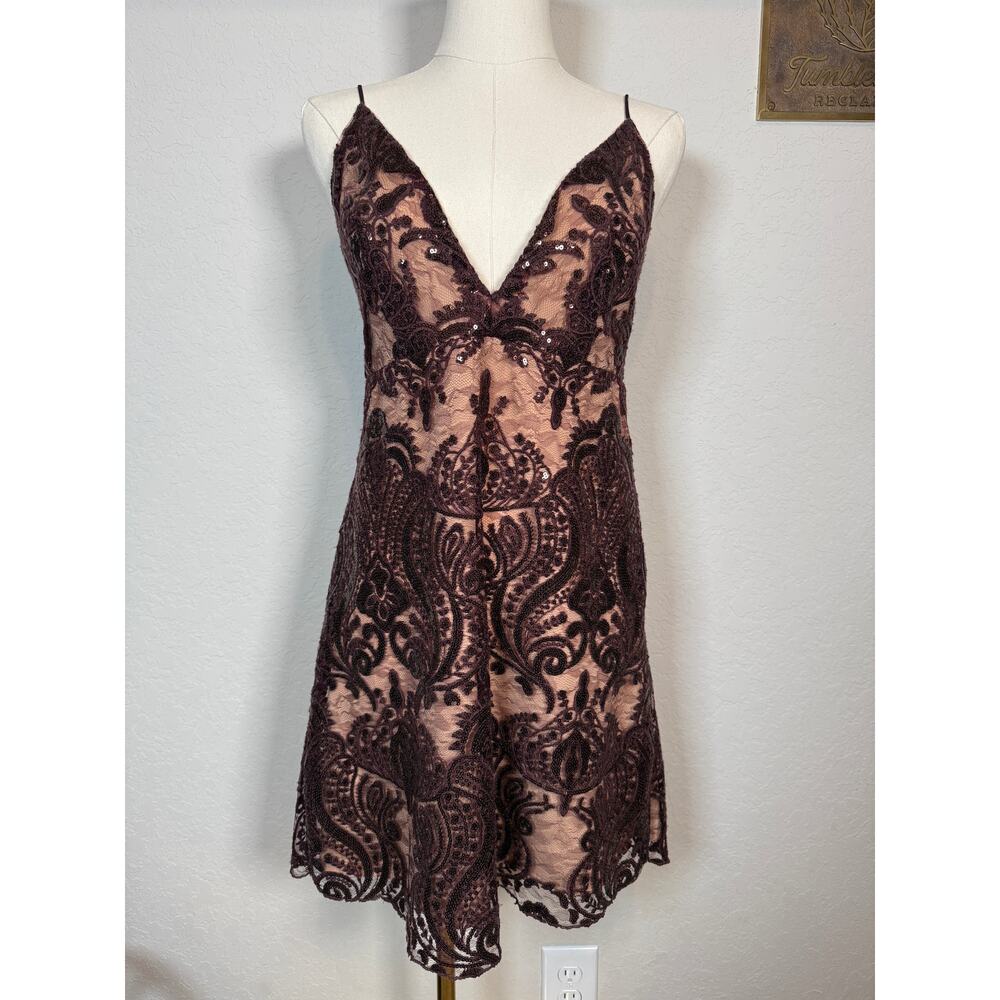 Women's Free‎ People Maroon Sequined Spaghetti Strap V Neck Dress Size 8
